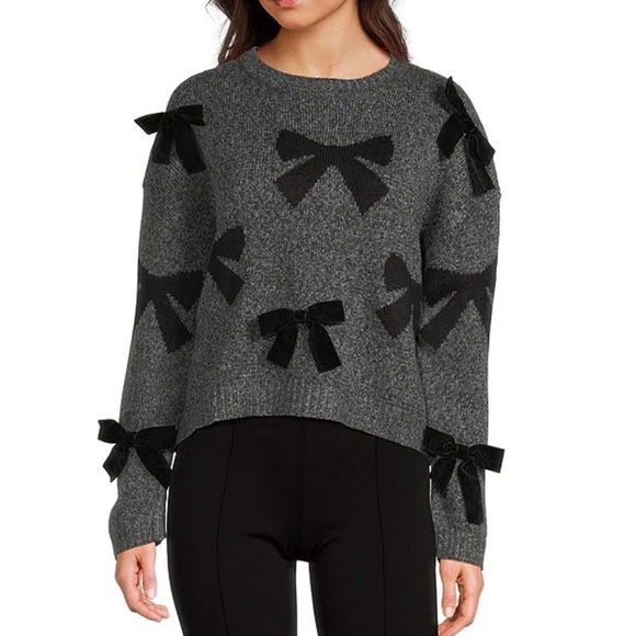 I.N. San Francisco Sweaters - I.N. San Francisco Charcoal Sweater with Black Bow Details